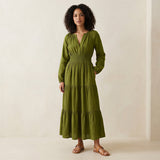 Olive Green Handspun Cotton Fit and Flare Maxi Tier Dress