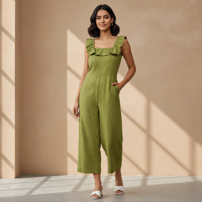 Olive Green Handspun Cotton Frilled Square Neck Jumpsuit 38