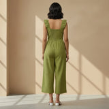 Olive Green Handspun Cotton Frilled Square Neck Jumpsuit