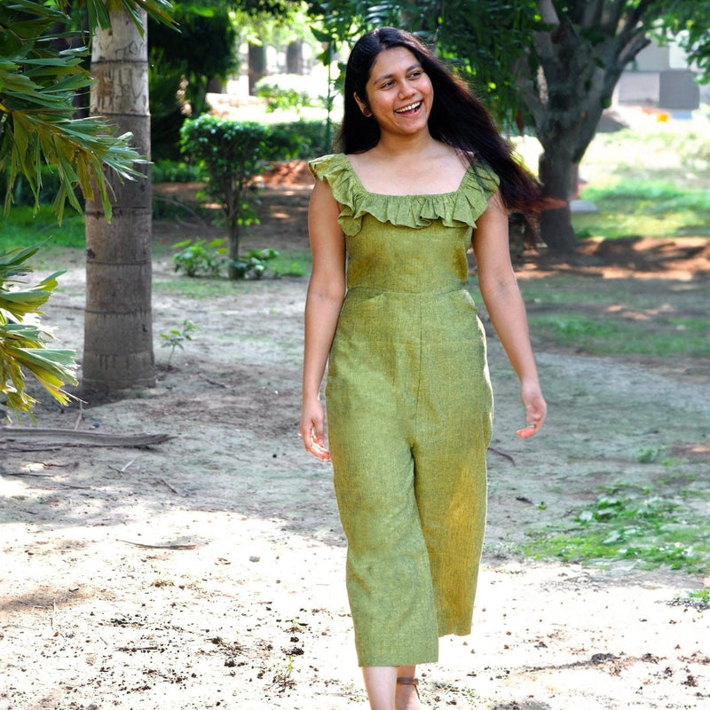 Olive Green Handspun Cotton Frilled Square Neck Jumpsuit