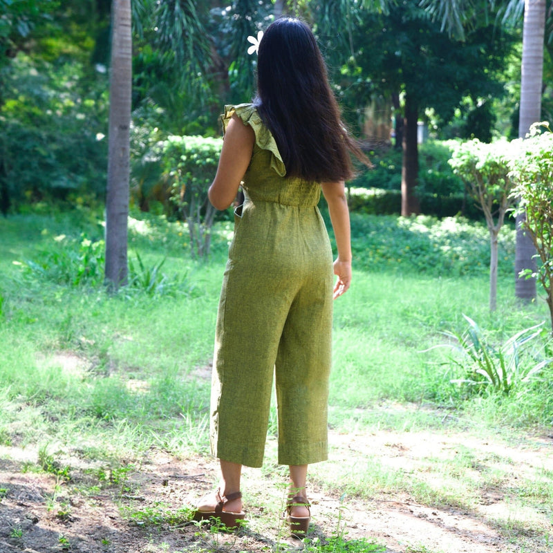 Olive Green Handspun Cotton Frilled Square Neck Jumpsuit