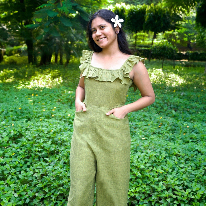 Olive Green Handspun Cotton Frilled Square Neck Jumpsuit