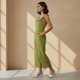 Olive Green Handspun Cotton Frilled Square Neck Jumpsuit