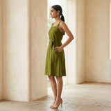 Olive Green Handspun Cotton Knee Length Princess Line Dress