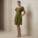 Olive Green Handspun Cotton Open-Back Fit and Flare Knee Length Dress