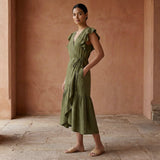 Olive Green Handspun Cotton Ruffle Midi Wrap Dress