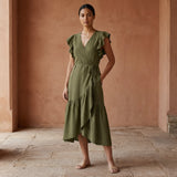 Olive Green Handspun Cotton Ruffle Midi Wrap Dress
