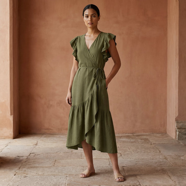 Olive Green Handspun Cotton Ruffle Midi Wrap Dress 58