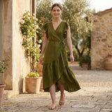 Olive Green Handspun Cotton Ruffle Midi Wrap Dress
