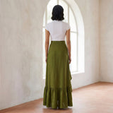 Olive Green Handspun Cotton Ruffle-Slit A-Line Maxi Skirt