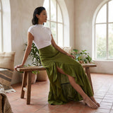 Olive Green Handspun Cotton Ruffle-Slit A-Line Maxi Skirt