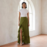 Olive Green Handspun Cotton Ruffle-Slit A-Line Maxi Skirt