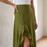 Olive Green Handspun Cotton Ruffle-Slit A-Line Maxi Skirt