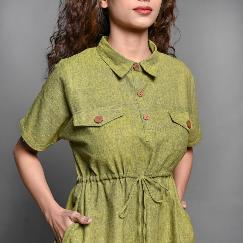 Front Detail of a Model wearing Olive Green Handspun Cotton Comfy Safari Dress