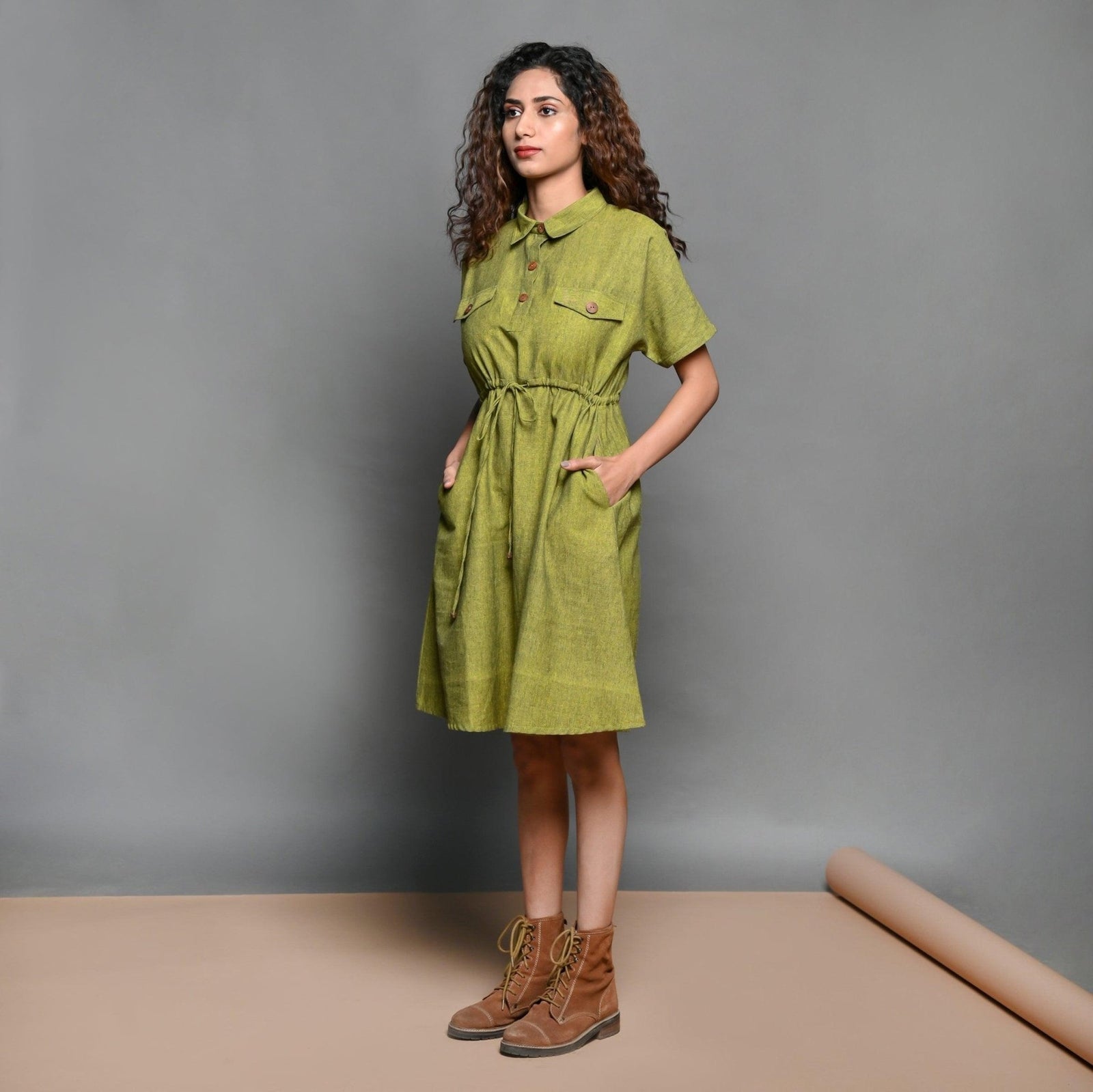 Olive Green Handspun Cotton Short Safari Dress 40" / Tall (5'7" and above) Olive Green Handspun Cotton Short Safari Dress 40" / Tall (5'7" and above)