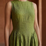 Olive Green Handspun Cotton Sleeveless Paneled Maxi Dress