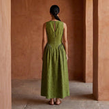Olive Green Handspun Cotton Sleeveless Paneled Maxi Dress