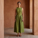 Olive Green Handspun Cotton Sleeveless Paneled Maxi Dress