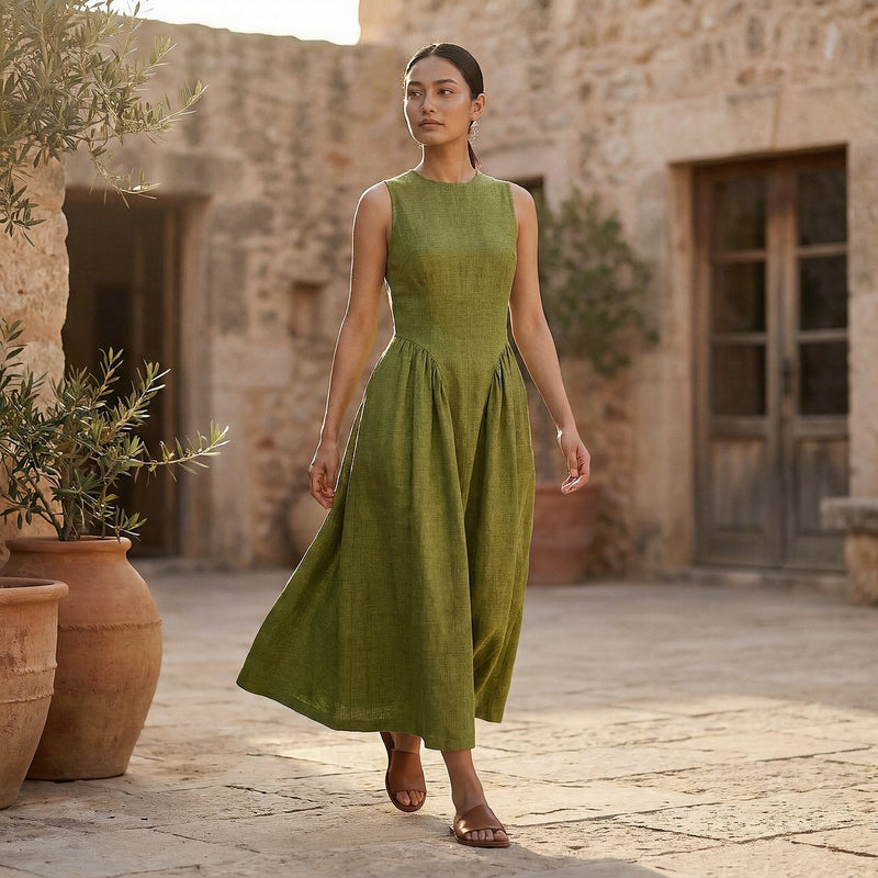 Olive Green Handspun Cotton Sleeveless Paneled Maxi Dress 48