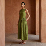 Olive Green Handspun Cotton Sleeveless Paneled Maxi Dress
