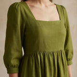 Olive Green Handspun Cotton Square Neck Tiered Midi Dress