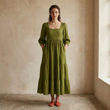 Olive Green Handspun Cotton Square Neck Tiered Midi Dress