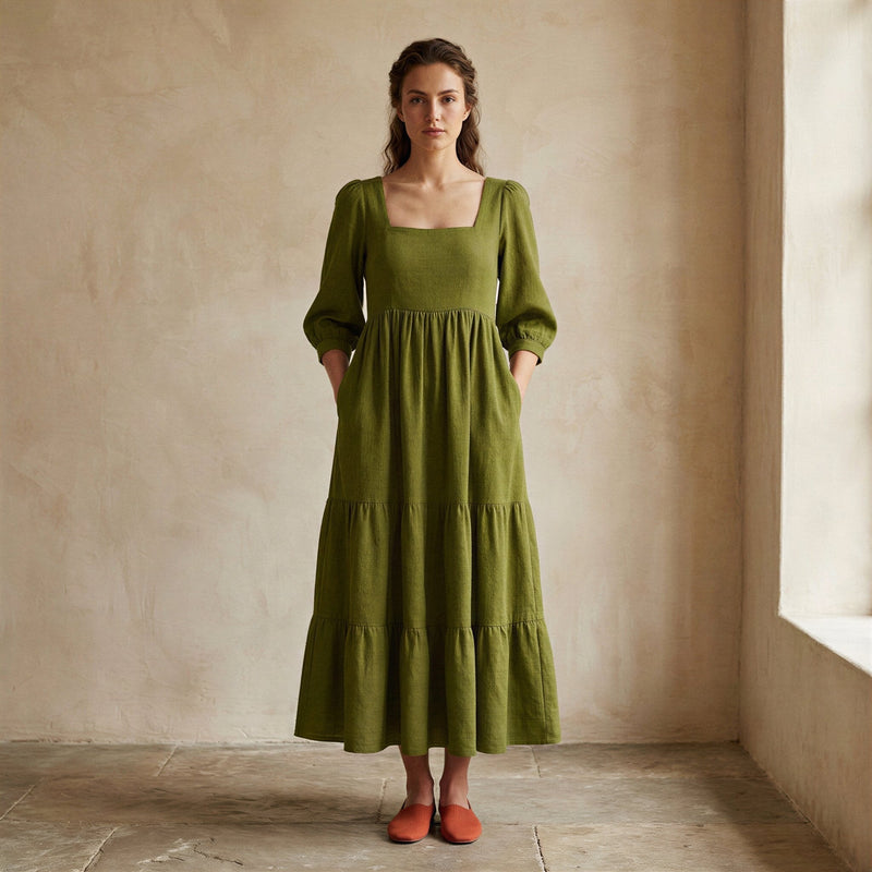 Olive Green Handspun Cotton Square Neck Tiered Midi Dress 64" / Custom Height (Free) Olive Green Handspun Cotton Square Neck Tiered Midi Dress 64" / Custom Height (Free)