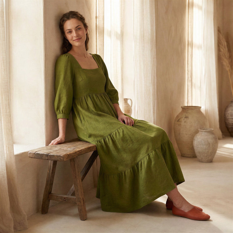 Buy Olive Green Handspun Cotton Square Neck Tiered Midi Dress Online at SeamsFriendly Buy Olive Green Handspun Cotton Square Neck Tiered Midi Dress Online at SeamsFriendly