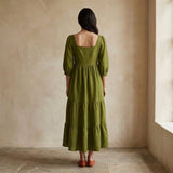 Olive Green Handspun Cotton Square Neck Tiered Midi Dress