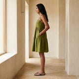 Olive Green Handspun Cotton Tie-Strap Tiered Short Sundress