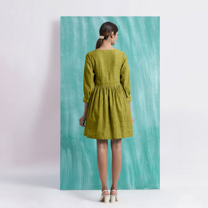 Olive Green Handspun Cotton V-Neck Gathered Short Dress