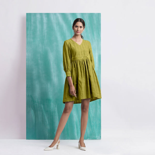 Olive Green Handspun Cotton V-Neck Gathered Short Dress