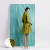 Olive Green Handspun Cotton V-Neck Gathered Short Dress