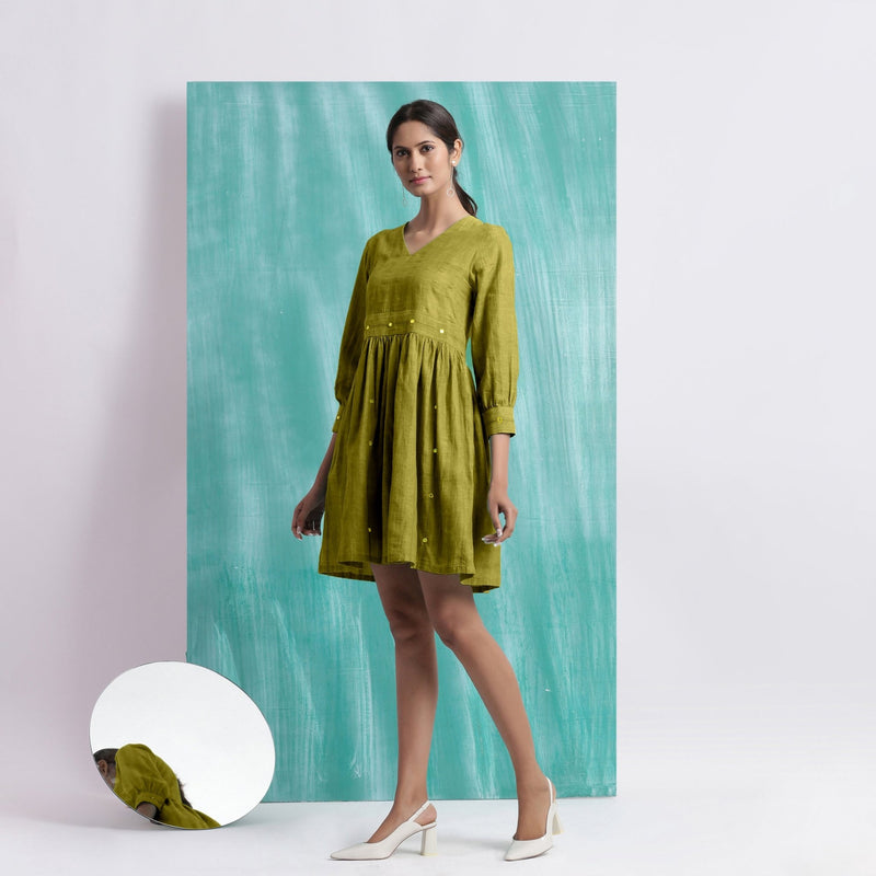 Olive Green Handspun Cotton V-Neck Gathered Short Dress