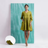 Olive Green Handspun Cotton V-Neck Gathered Short Dress