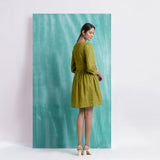 Olive Green Handspun Cotton V-Neck Gathered Short Dress