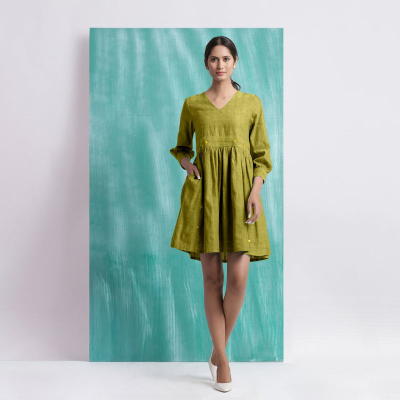 Olive Green Handspun Cotton V-Neck Gathered Short Dress