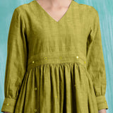 Olive Green Handspun Cotton V-Neck Gathered Short Dress