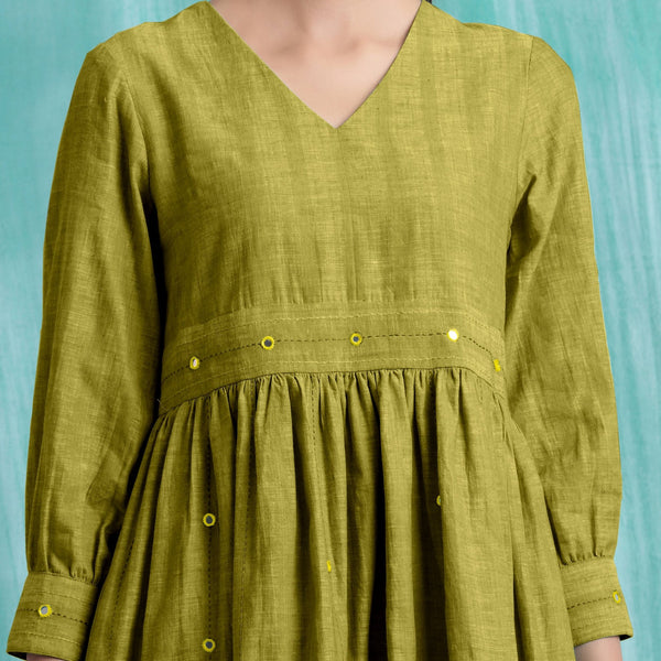 Olive Green Handspun Cotton V-Neck Gathered Short Dress
