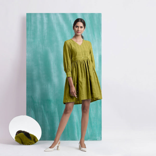 Olive Green Handspun Cotton V-Neck Gathered Short Dress