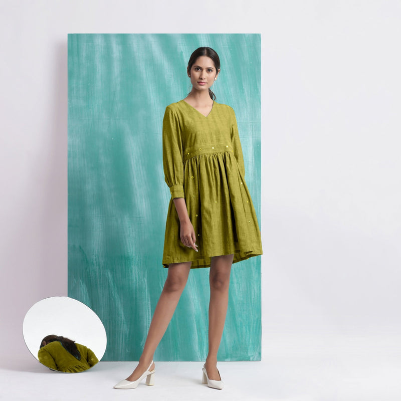Olive Green Handspun Cotton V-Neck Gathered Short Dress