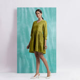 Olive Green Handspun Cotton V-Neck Gathered Short Dress