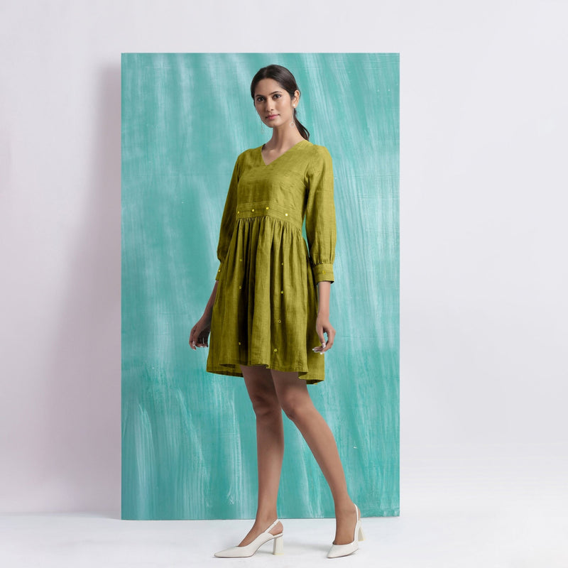 Olive Green Handspun Cotton V-Neck Gathered Short Dress