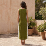 Olive Green Handspun Cotton Wavy Stripe Maxi Shift Dress