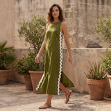 Olive Green Handspun Cotton Wavy Stripe Maxi Shift Dress