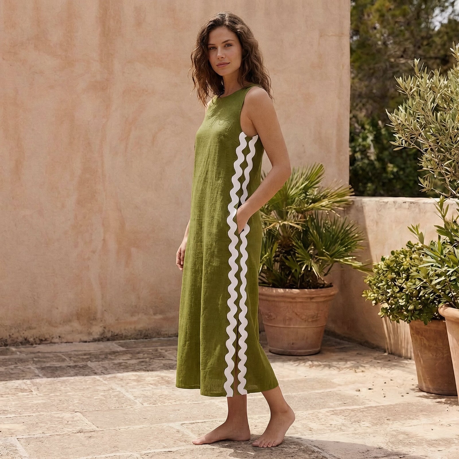 green striped maxi dress Olive Handspun Cotton Wavy Stripe Shift colorcode-BLK events under the sun Prom Dress Coast Windsor colors:deep olive