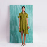 Olive Green Mirror Work Cotton Knee Length Asymmetrical Dress