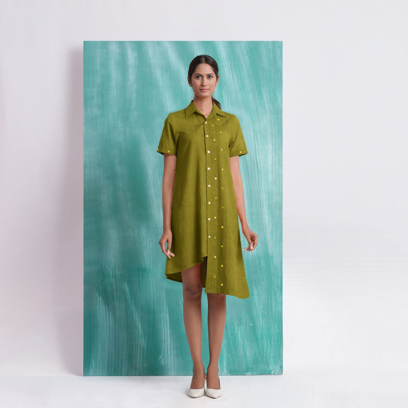 Olive Green Mirror Work Cotton Knee Length Asymmetrical Dress
