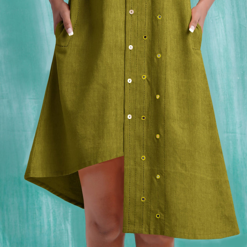 Olive Green Mirror Work Cotton Knee Length Asymmetrical Dress