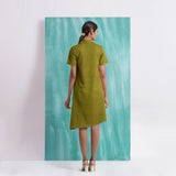 Olive Green Mirror Work Cotton Knee Length Asymmetrical Dress
